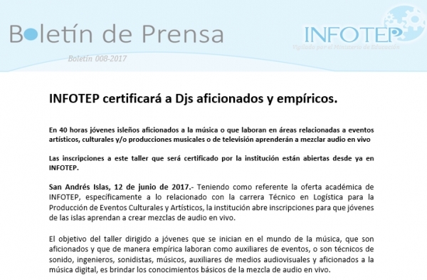 Abierta convocatoria: INFOTEP certificará a Djs aficionados y empíricos.  - infotep
